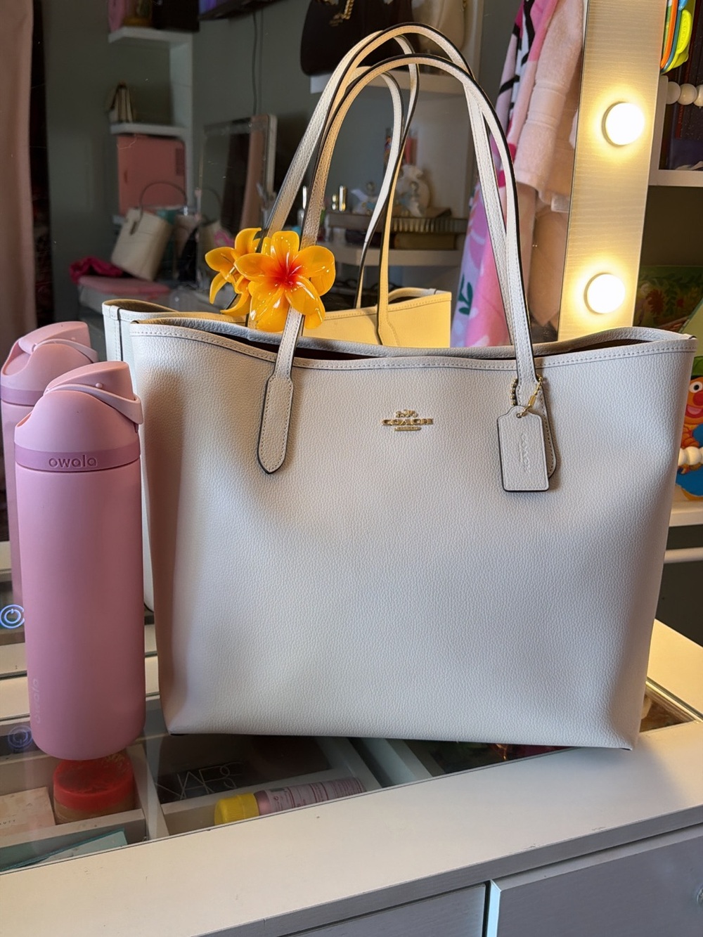 Coach Cream Pebbled Leather Tote with Gold Logo